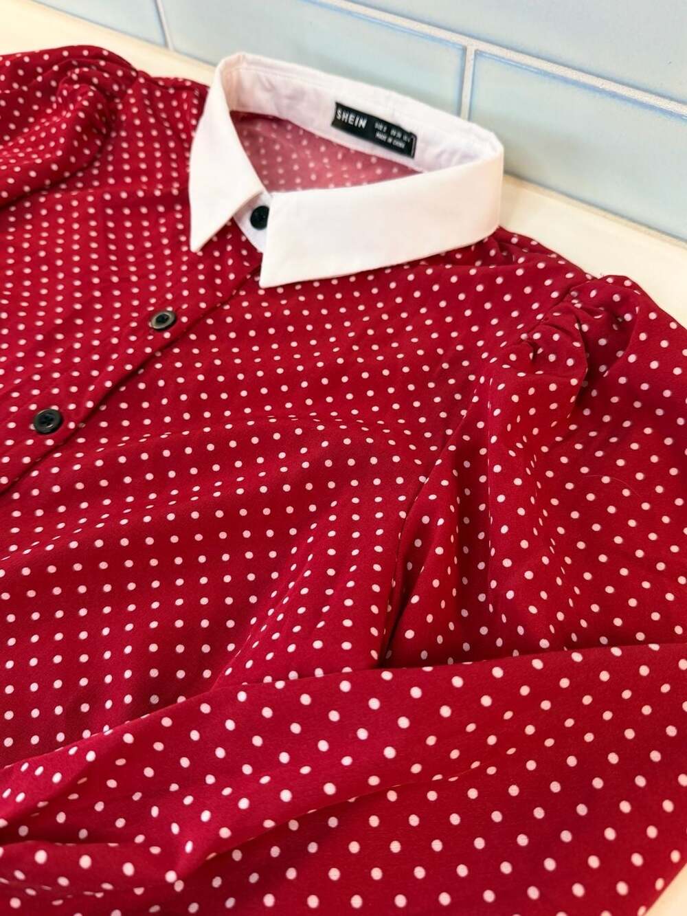 Red and White Polka Dot Long Sleeve Blouse with Contrast Collar - Picture 3 of 6